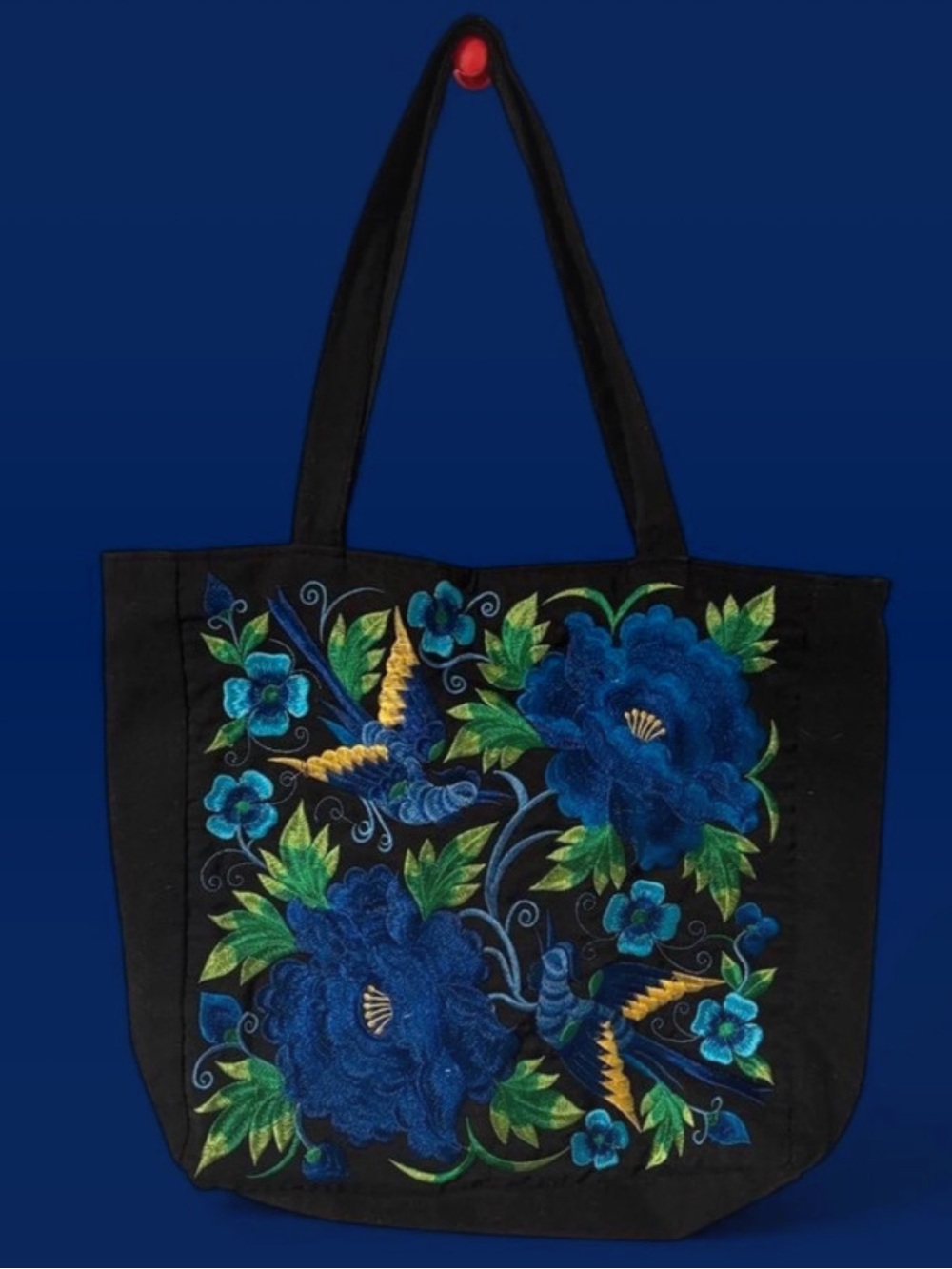 Embroidered Blue Floral Tote Bag - Women's Shoulder Bag